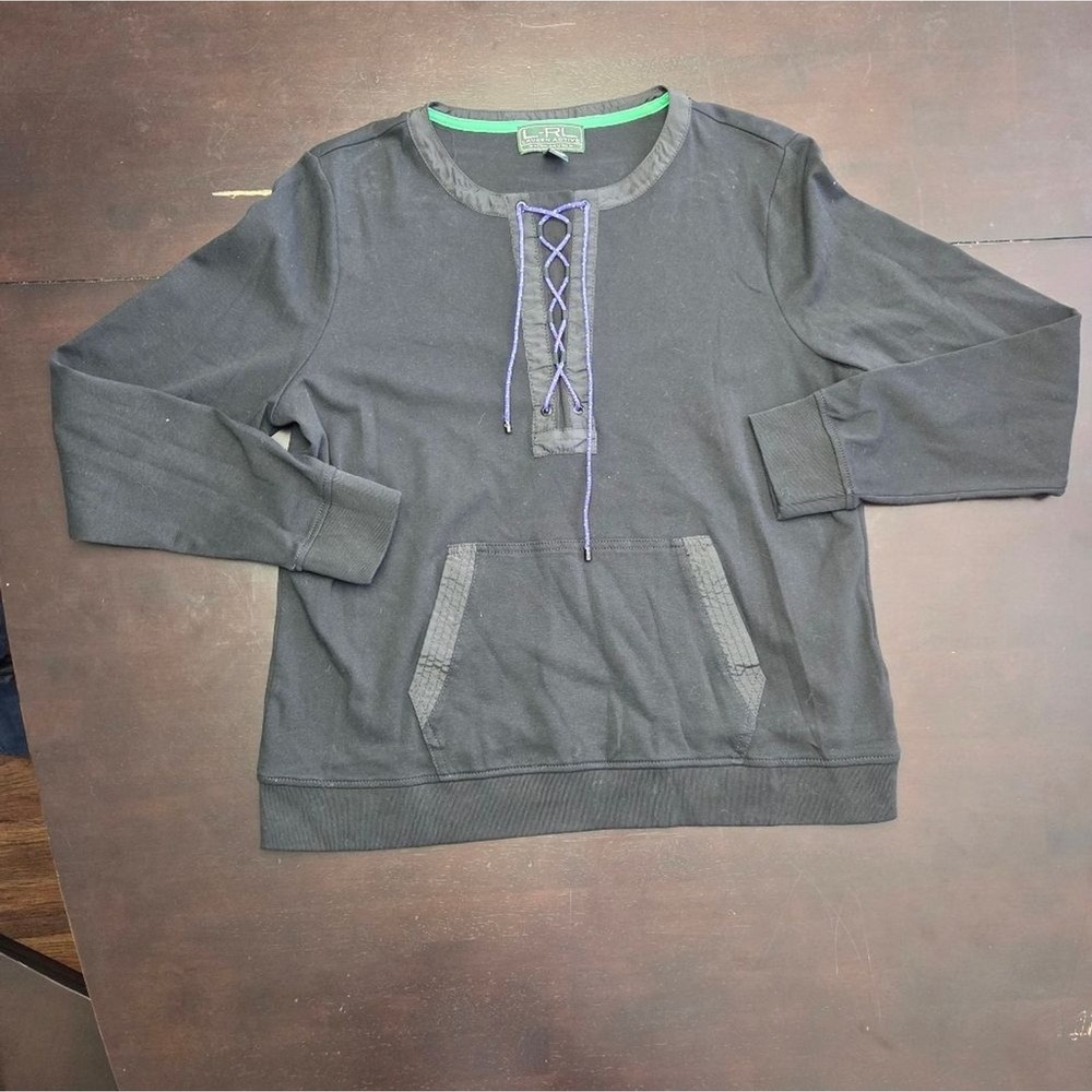 Lauren Active Ralph Lauren Black Lace Up Pullover Sweatshirt XL Cotton Womens